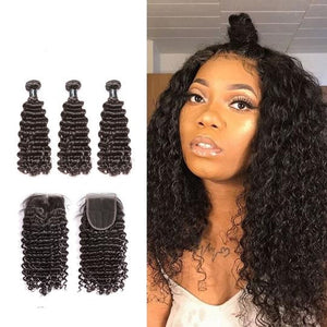 Deep Wave Brazilian Bundles With Closure Hair Extension