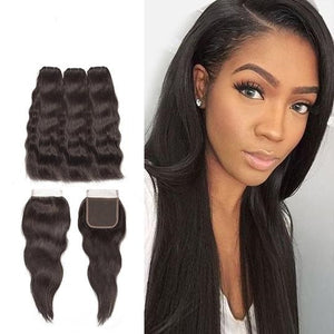 Natural Straight Raw Indian Bundles With Closure Virgin Hair With Free Part Lace Closure