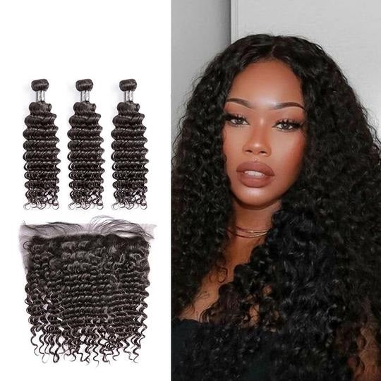 7A Deep Wave Bundles With Lace Frontal Brazilian Hair 13''*4 ''