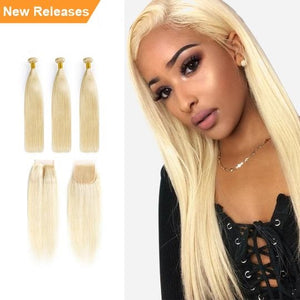 Straight Blonde Brazilian Human Hair Bundles With Closure 7A