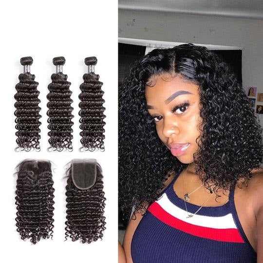 7A Indian Hair Bundles With Closure Deep Wave Bundles With Closure